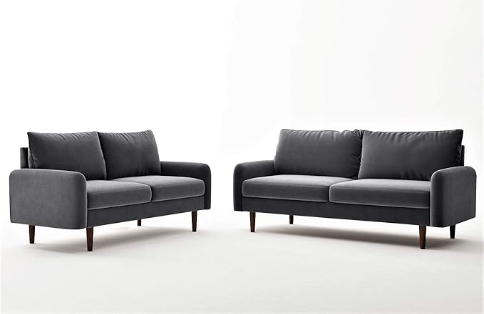 Container Furniture Direct Americus Velvet Upholstered Sofa and Loveseat Set, Couches for Living Room with Luxurious Mid Century Modern Design and Wooden Base, 2 Piece, Grey