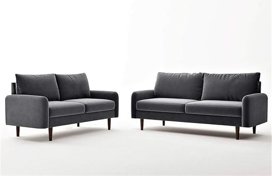 Container Furniture Direct Americus Velvet Upholstered Sofa and Loveseat Set, Couches for Living Room with Luxurious Mid Century Modern Design and Wooden Base, 2 Piece, Grey