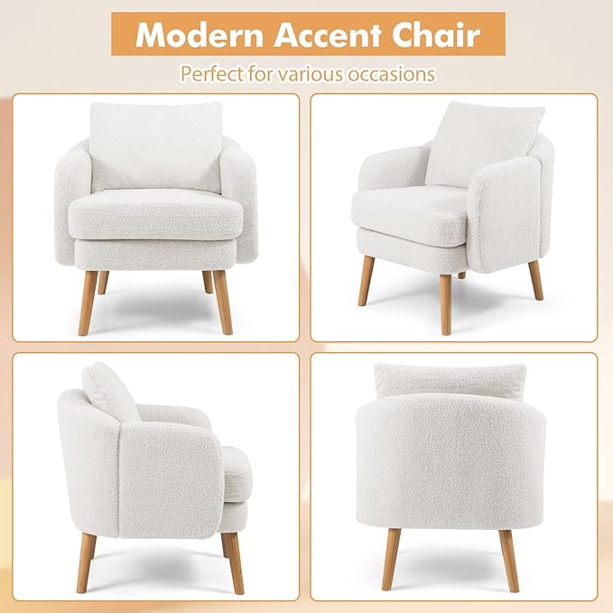 Giantex Sherpa Accent Chair Set of 2, Modern Upholstered Single Sofa Chair with Back Pillow & Solid Rubber Wood Legs, Teddy Barrel Arm Chair for Reading, Living Room, Bedroom, Office, White