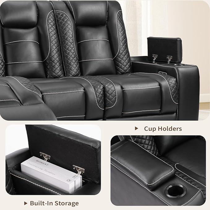 ANJ Power Reclining Loveseat with Fixed Middle Seat, 3-Piece Electric Recliner Sofa with LED Lights, USB Charging & Storage, Faux Leather Living Room Furniture for Home Theater (Black)