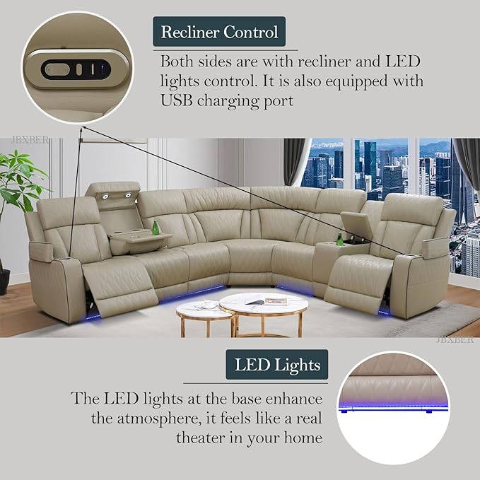 Power Recliner Sectional Sofa Set, Leather Couches for Living Room, Power Reclining Sofa 3 Piece Set with USB Ports, Cup Holder, Hidden Storage (Beige)