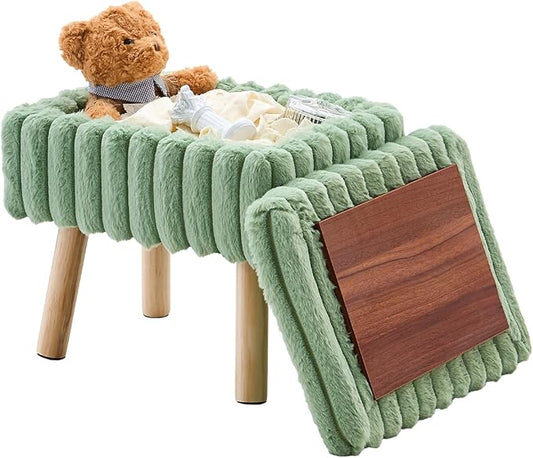 Wimarsbon Storage Ottoman,Soft Faux Fur Footstool with Padded Seat, Small Reading Vanity Chair, Footrest with Wood Tray for Couch, Mini Coffee Table or Display Stand (Light Green)