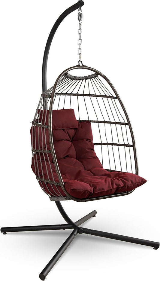 SereneLife Egg Chair with Stand – Hanging Rattan Wicker Swing for Indoor Outdoor Use – 350 lbs Capacity, Breathable Cushion & Headrest – Patio, Balcony, Porch, Bedroom Lounge Furniture