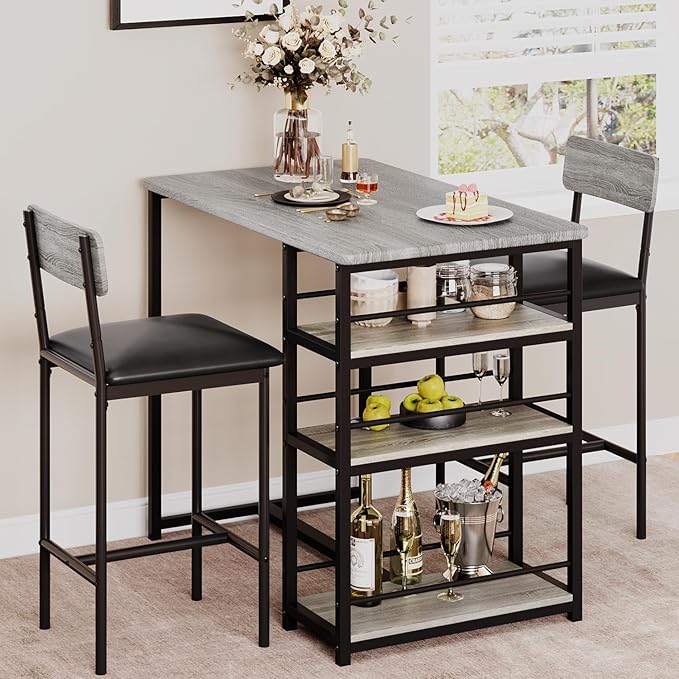 IDEALHOUSE Kitchen Table Set, Dining Table and Chairs for 2, 3 Piece Dining Room Table Set with 2 Upholstered Chairs, Bar Dining Table Set for Small Spaces, Apartment, Breakfast, Pub, Rustic Gray