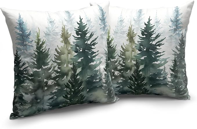 Watercolor Green Tree Throw Pillow Covers 20x20 Pine Tree Pillow Cases 2 Pcs Rustic Style Nature Forest Pillow Protector Winter Christmas Square Linen Decorative Pillow Covers for Couch