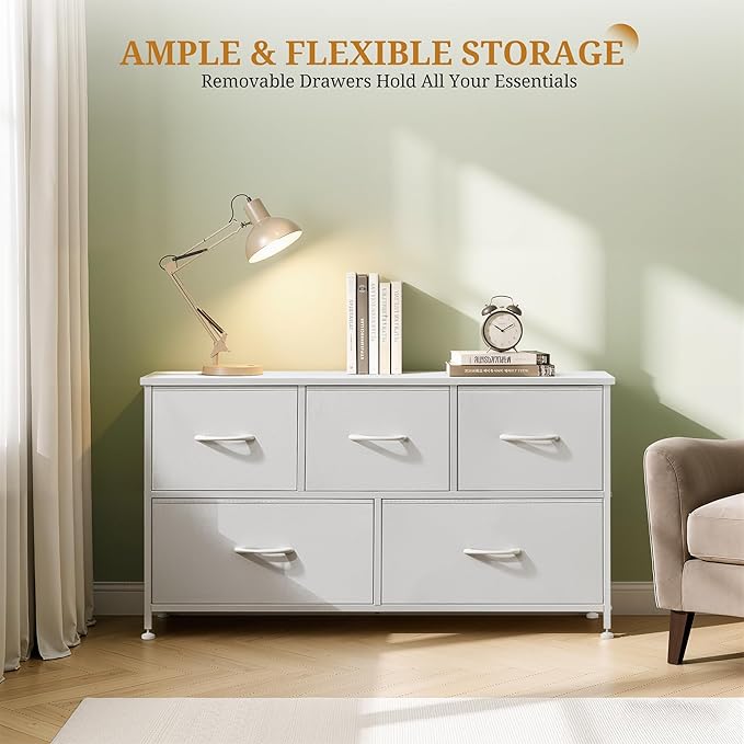 Dresser with 5 Drawers for Bedroom, Fabric Clothes Cabinet for Closet, Anti-Tip TV Stand for 45" TV, Storage Dresser with Metal Frame for Living Room, Entryway, Dorm, White