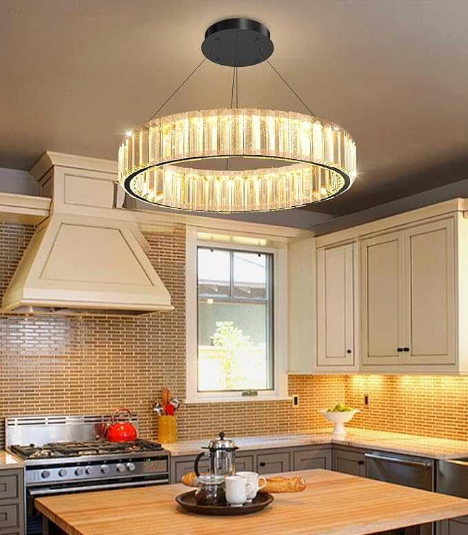 16'' Modern Ring Chandelier Crystal Chandeliers for Dining Room Round LED Dimmable Ceiling Light Fixture for Living Room Bedroom Lighting Black