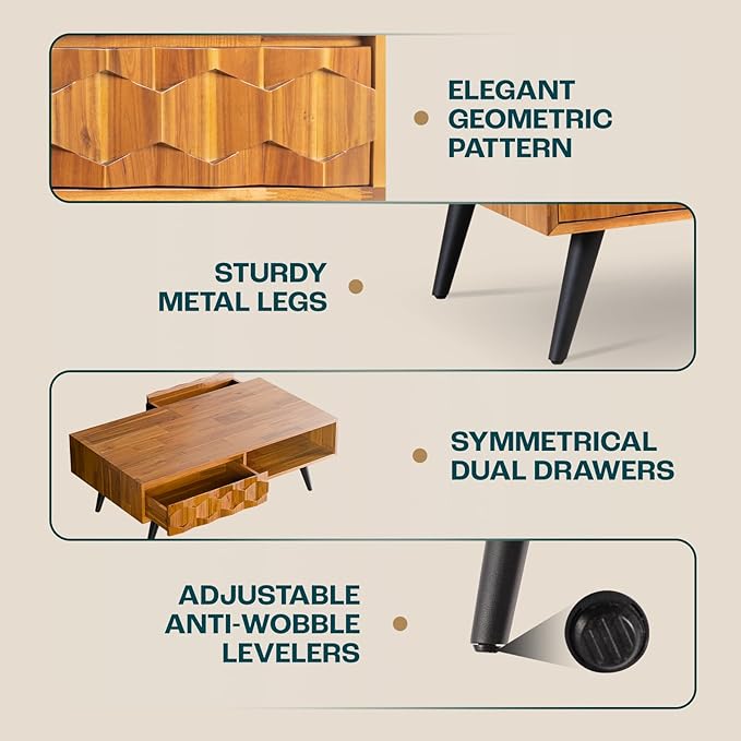 Bme Georgina Solid Wood Coffee Tables & Nightstands with Geometric Details, 2 Drawers