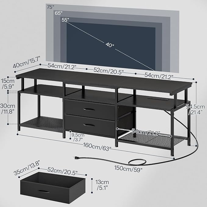 HOOBRO TV Stand with Power Outlet and LED Light, Entertainment Center for TVs Up to 75 Inch, Modern Media Console Table with 2 Non-Woven Drawers, for Living Room, Bedroom,Black BB55UDDS01