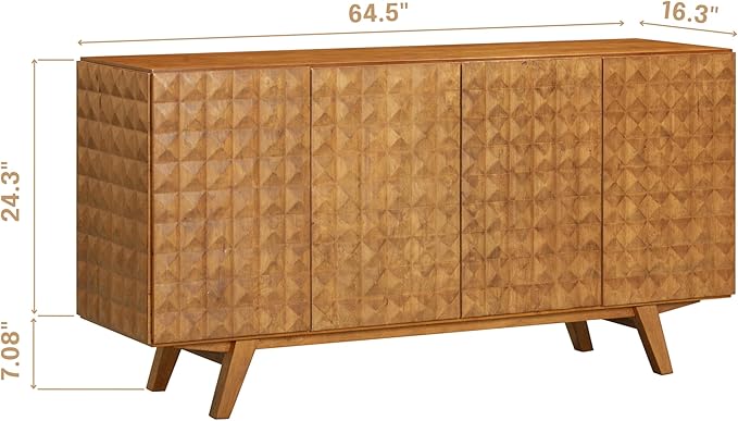NTC Sapa Mid-Century Modern Solid Wood Sideboard – 4-Door Accent Buffet Cabinet with Carved Geometric Fronts, for Living Room, or Entryway, Effortless Assembly, Teak Look