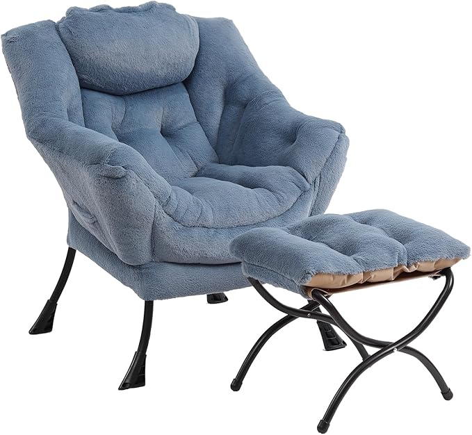Lazy Chair with Ottoman, Modern Chair with Folding Footrest, Plush Light Blue Accent Chair, Comfortable Reading Chair, Oversized Armchairs for Bedroom, Study, Living Room, Courtyard