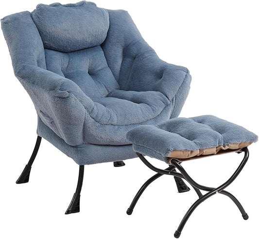 Lazy Chair with Ottoman, Modern Chair with Folding Footrest, Plush Light Blue Accent Chair, Comfortable Reading Chair, Oversized Armchairs for Bedroom, Study, Living Room, Courtyard