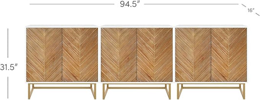 Nathan James Enloe Modern Storage Free Standing Accent Cabinet TV Stand with Doors in a Rustic Pine Wood Finish and Gold Metal Base for Hallway, Entryway or Living Room, Brown/White/Gold, Set of 3
