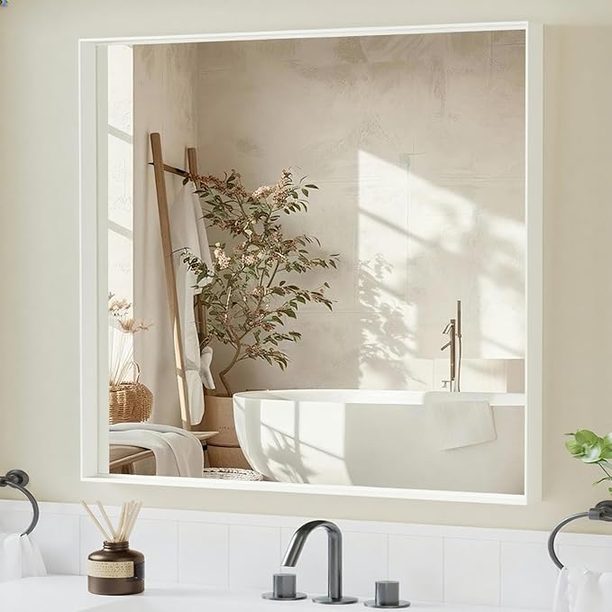 36x30 Inch White Bathroom Mirrors for Over Sink, Rectangle Framed Mirror, Wall Mounted Vanity Mirror for Bedroom, Living Room, Entryway Horizontal/Vertical