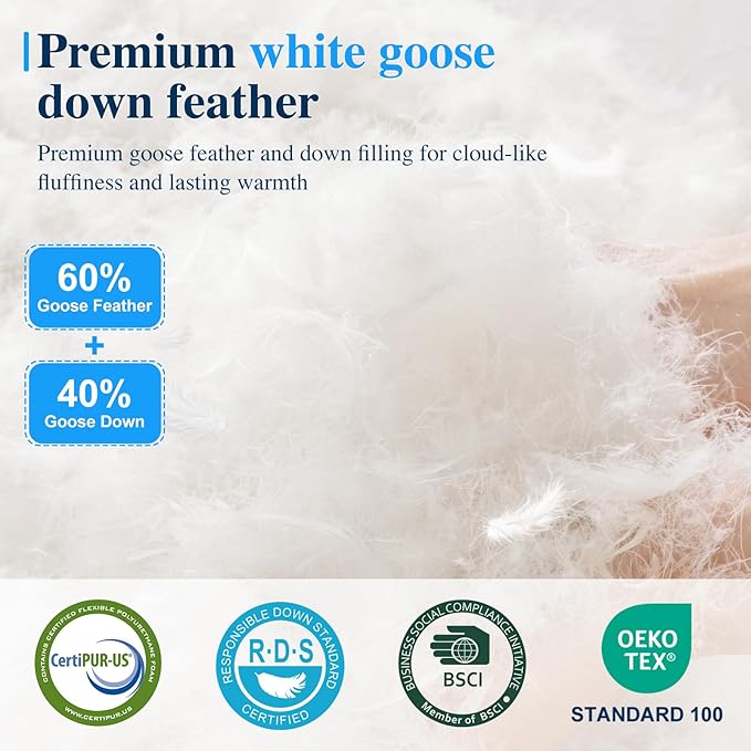 RDS Certified Goose Down and Feather Pillow King Size Set of 2, 100% Cotton Shell, 3-Chamber 5 Stars Hotel Pillow for Sleeping, Bed Pillows for Neck Pain Relief, Perfect for Side Sleepers - 20"x36"