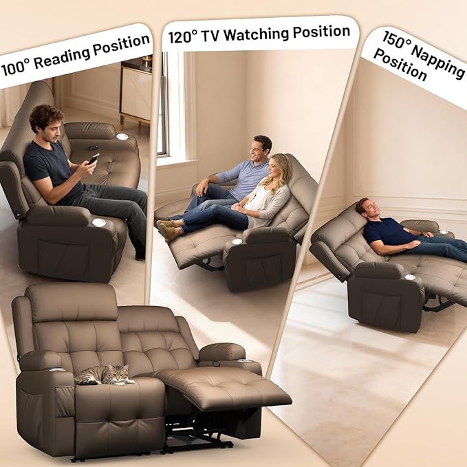 Reclining Loveseat, Wall-Hugger Loveseat Recliner Design with USB/Type C Charging & Storage & Cupholder, Pebble-Weave Fabric Recliner Sofa Couch for Living Room, Home Theater & RV Use