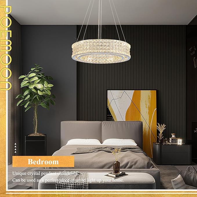 LED Crystal Chandeliers with Remote Control 20’’ Luxury 2-Tier Modern Chrome Chandelier Light Fixture Dimmable for Dining Room Bedroom Kitchen Foyer Entryway 3000-6500K