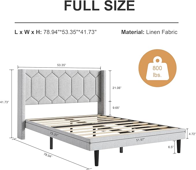 Full Size Bed Frame with Velvet Upholstered Headboard, Platform Bed Frame No Box Spring Needed, Modern Bedframe with Strong Wooden Slats, Light Gray