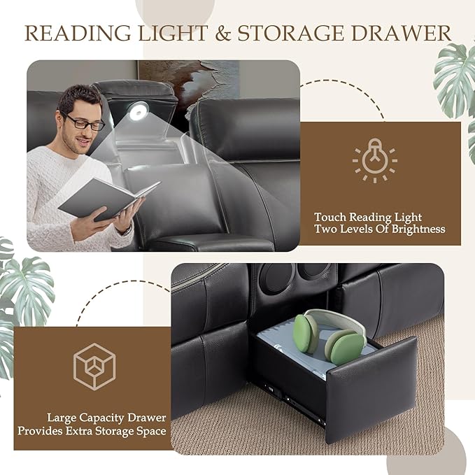 Power Reclining Sofa Set, Power Recliner Sofa and Loveseat Set with LED Light/Bluetooth Speakers, Electric Reclining Sofa Couch Living Room Set for Home, Office(Black, Sofa+Loveseat) | pu leather, Bluetooth Speakers, LED Light, outlets, Storage Drawer