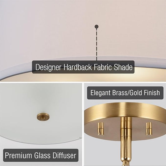 Kira Home Nolan 18" Classic 3-Light Drum Pendant Chandelier, White Fabric Shade + Round Glass Diffuser, Adjustable Height, Cool Brass Finish