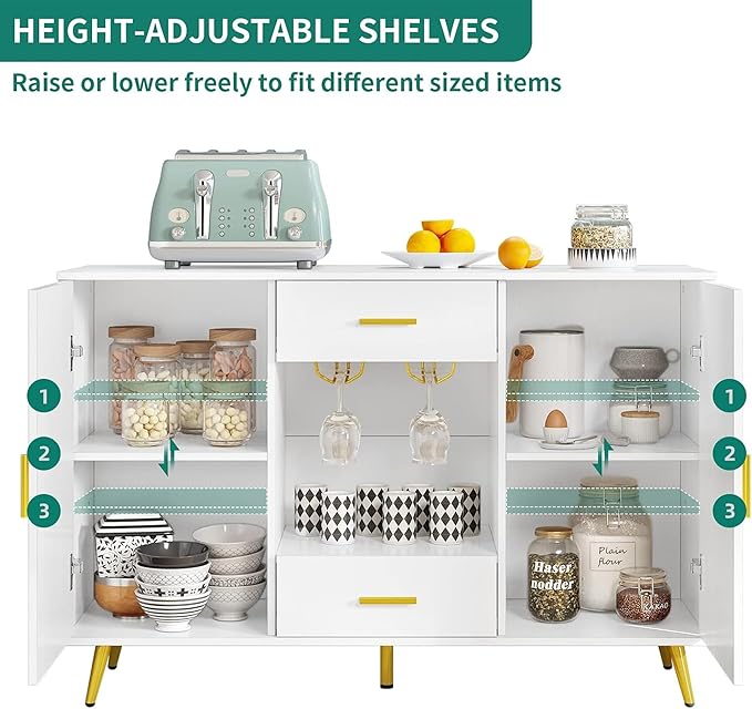 YITAHOME Sideboard Buffet, Buffet Cabinet Storage Credenza w/Adjustable Shelf, Wine Glass Holder, Drawers, Modern White & Gold Dresser 300 lbs Capacity for Living Room, Kitchen, Dining Room