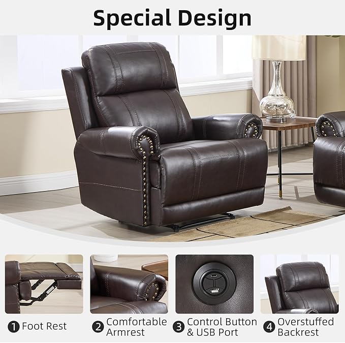 EBELLO Faux Leather Electric Reclining Chair, Power One Seat Sofa with USB and Type-C Charging Ports, Vintage Rivet Design for Small Living Room, Bedroom and Meeting Room, Brown