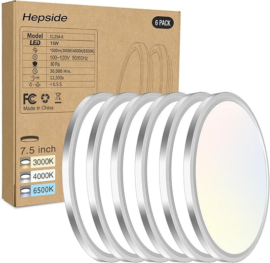 6PACK LED Flush Mount Ceiling Light, 3CCT Selectable 3000K-4000K-6500K & 100W Equivalent Modern Kitchen Recessed Ceiling Lamp 15W 1500Lm 7.5 Inch for Bathroom Closet Laundry Bedroom