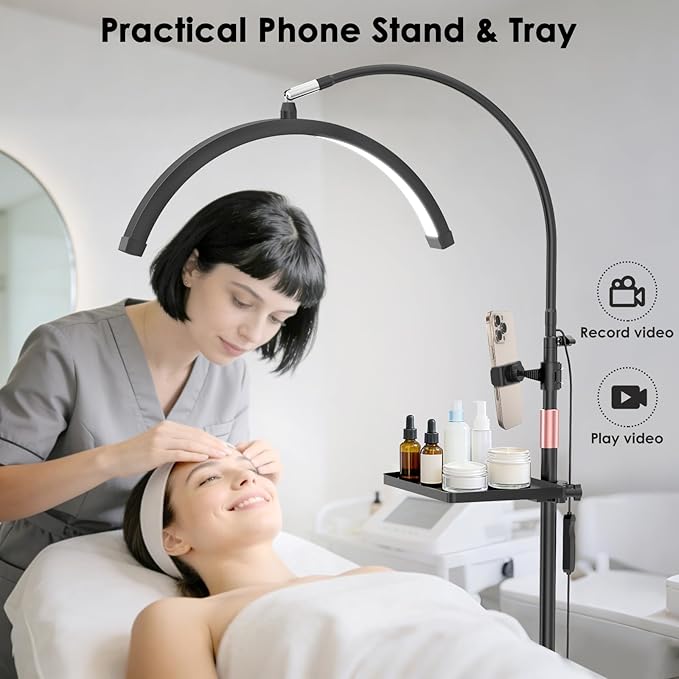 Lash Light for Eyelash Extension, Half Moon Light with Tool Tray, 2X Magnifier, Phone Holder for Nail Art, Tattoo Art, Skin Care, Floor Esthetician Lamp with Color and Brightness Adjustment
