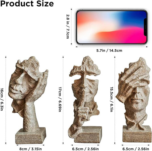 3 Pcs Thinker Statue, Silence is Sandstone Abstract Art Figurine, Modern Home Resin Decorative Objects Decor for Home Office Bookshelf Desktop,No Hear No See No Speak Knick Knacks