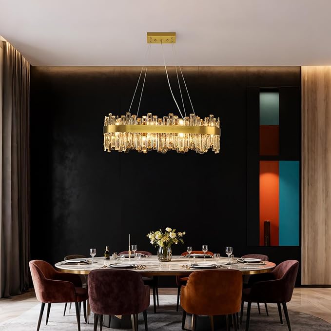 Gold Crystal Chandeliers for Dining Room Lights Fixtures Over Table, 16 Lights Modern Rectangle 2-Tier Chandeliers for Kitchen Island Bar L32 Inch