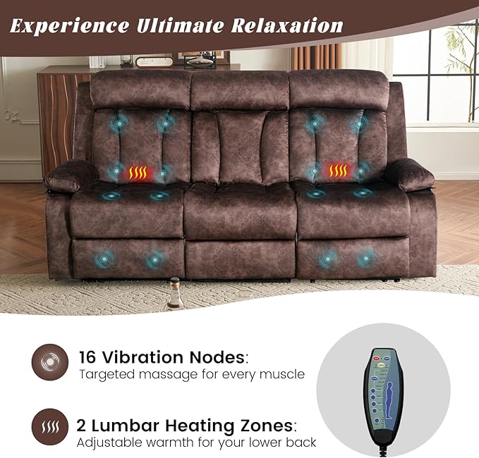 Electric Power Reclining Sofa w/Flipped Middle Backrest & Cup Holders, Power Recliner Couch w/Massage & Heat, Spacious 3-Seater Couch for Living Room Comfort (Brown)