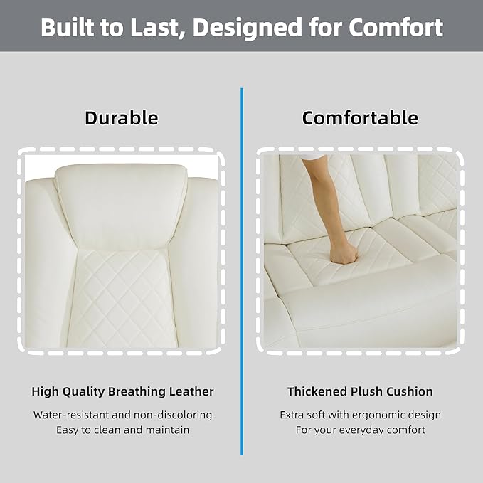 Breathing Leather Power Recliner Sofa Set, 2 Piece Leather Couch and Recliner Chair Set, Living Room Furniture Set with USB Charging/LED Lights (Creamy White, Sofa+Chair)