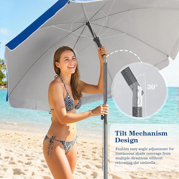 Duerer 7.5FT Beach Umbrella with Sand Anchor – Heavy Duty Windproof UPF 50+ Sun Shade, Portable Travel Beach Umbrella with Tilt & Carry Bag for Beach, Sand, Garden, Patio, Pool (Navy Blue)