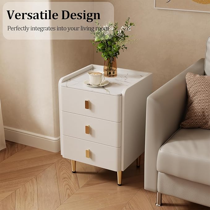 AQIMUELE Narrow Nightstand with Drawers, Narrow Side Table Leather, Small Bedside Tables for Bedroom. (White)