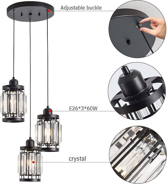 3 Light Farmhouse Pendant Light Adjustable Ceiling Hanging Lighting Fixture with K9 Crystals for Kitchen Restaurant Cafe Dining Room Island Light Black