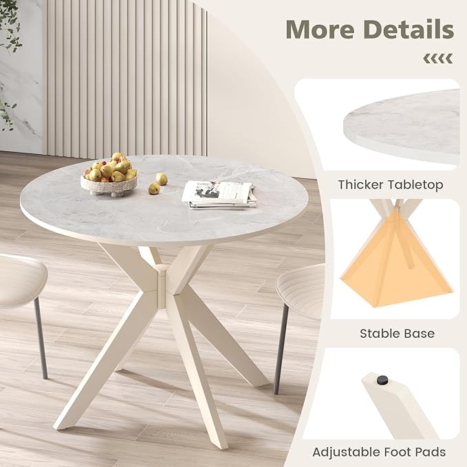 COSTWAY 36" Round Dining Table, Solid Wood Kitchen Table with Intersecting Pedestal Base and Adjustable Foot Pads for Home, Office, Small Space, Cafe, Bar (White)