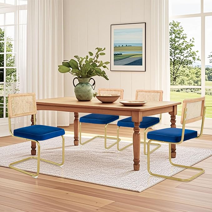 CangLong Velvet Dining Chairs Set of 2, Rattan Dining Chairs with Metal Legs & Natural Mesh Rattan Backrest, Armless Accent Chairs with Upholstered Cushion for Kitchen, Living Room, Blue