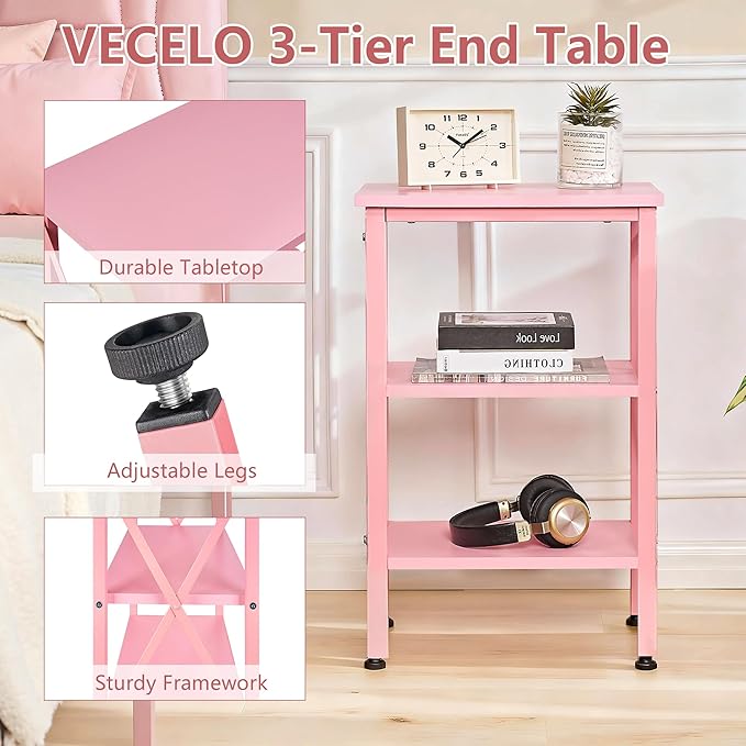 VECELO End Table Set of 2, Nightstand, 24" Tall Living Room Side Tables, X-Design Reinforced Bedside Table, Nightstands with 3-Tier Storage Shelves for Small Spaces, Office, Bathroom, Bedroom, Pink