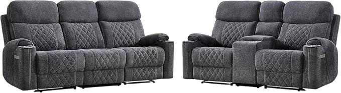 HAOMARKETS 2-Piece Power Recliner Sofa Set with Charging Port, Include 2-Seater Loveseat Reclining Couch with Hidden Storage and Cup Holders and 3-Seater Recliner Couch for Living Room, Dark Grey