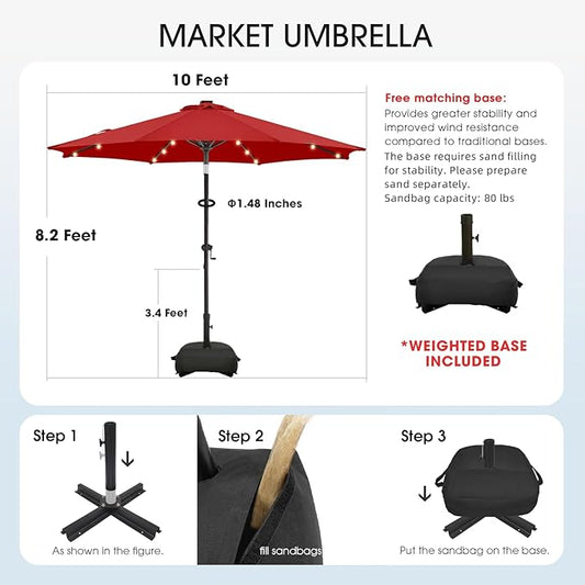 wikiwiki 10FT Solar Led Patio Umbrella with Base Included, 32 LED Lights, 8 Sturdy Ribs, Fade Resistant Waterproof POLYESTER DTY Canopy for Garden, Lawn, Deck, Backyard & Pool, Red