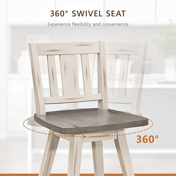 Lexicon Counter Height Stools Set of 2-Solid Wood Frame 360° Swivel Wooden Stools, Foot Rest, Slat Back, Wide Seat, Distressed Farmhouse Easy to Clean Finish, 24" SH, Antique White/Grey