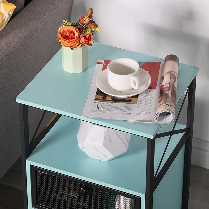 VECELO Nightstand Set of 1, End Table with Flip Drawer, Modern Night Stand for Bedroom,Living Room, Office, Easy Assembly,Azure Blue