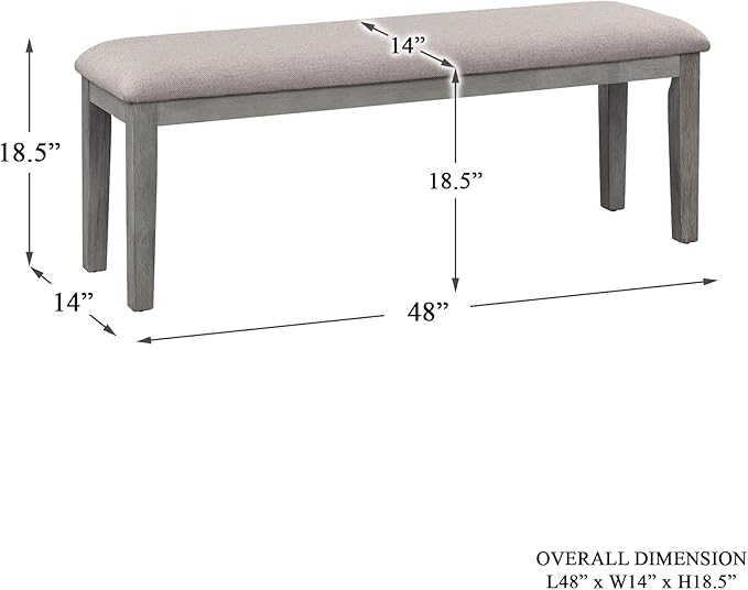 Homelegance Blair Upholstered Dining Bench, 48" W Entryway Bench, Sturdy Solid Wood Frame, Wire Brush Brown Finish, Comfortable Cushion Seat, Easy Assembly, Modern & Traditional - Grey