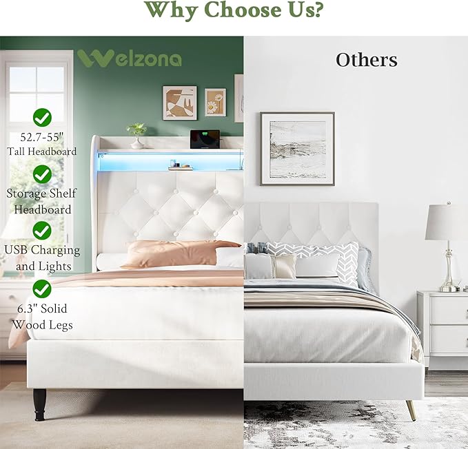 King Size Bed Frame with Tall Headboard, Velvet Upholstered Platform Bed with LED Lights & Charging Station, 52.7"-55" Adjustable/Modern Tufted Wingback Storage Headboard, No Box Spring Needed, Cream