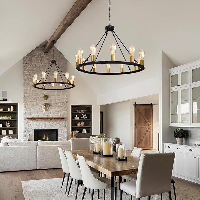 31.5“ 12 Light Wagon Wheel Chandelier Black Gold, Farmhouse Chandelier, Rustic Dining Room Light Fixture, Vintage Round Pendant Lighting for Kitchen Living Room Dining Room Foyer