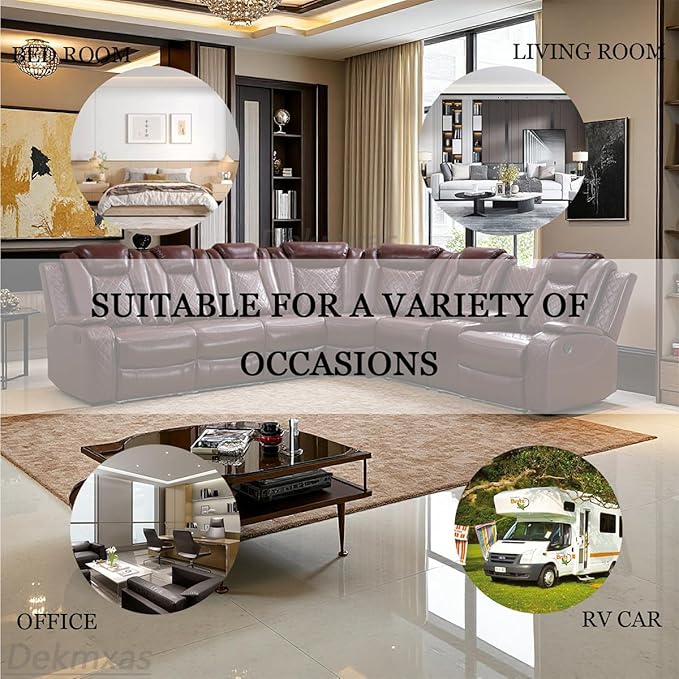 Leather Sectional 3-Piece Living Room Furniture Sets with LED Light, Power Recliner Sectional Sofa, Brown Power Reclining Sofa Couches Set with Cup Holder/Storage Console for Home Theater