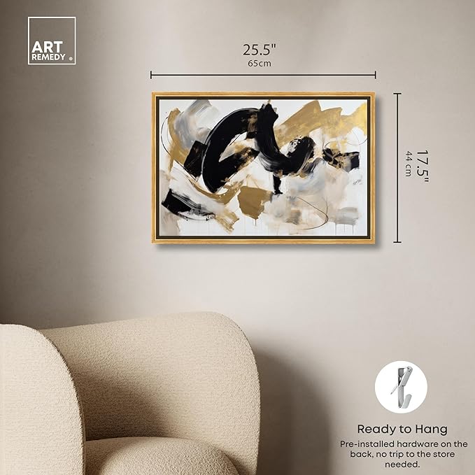 Art Remedy Moved Abstraction Canvas Modern Black White Abstract Wall Art, Gold Frame, 24" x 16"