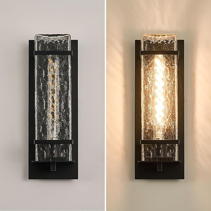 Black Outdoor Wall Light, 13.4in Exterior Waterproof Lanterns,Porch Sconces Wall Mounted Lighting with E26 Sockets & Textured Glass Shades, for Garage,Doorway,Patio,Front Door