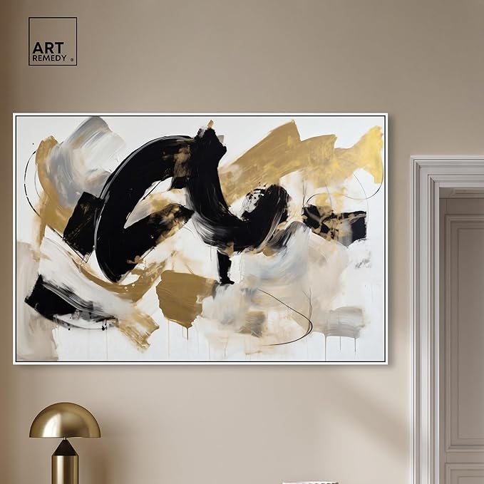 Art Remedy Moved Abstraction Canvas Modern Black White Abstract Wall Art, White Frame, 54" x 36"