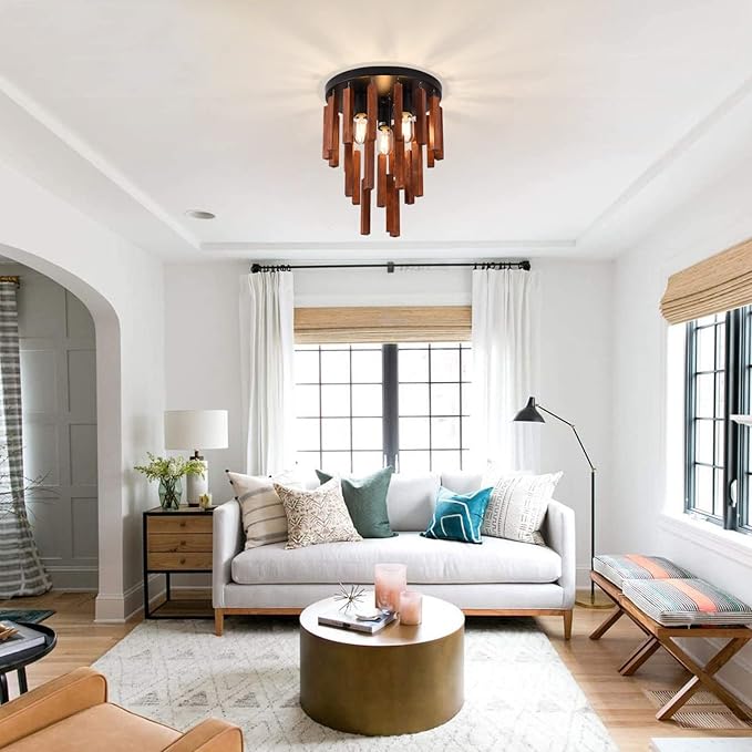 Farmhouse Flush Mount Ceiling Light Fixture, Rustic 3-Light Wood Strip Close to Ceiling Lights,Retro Vintage Red Oak and Black Kitchen Ceiling Lighting for Hallway Bedroom Entryway Living Dining Room